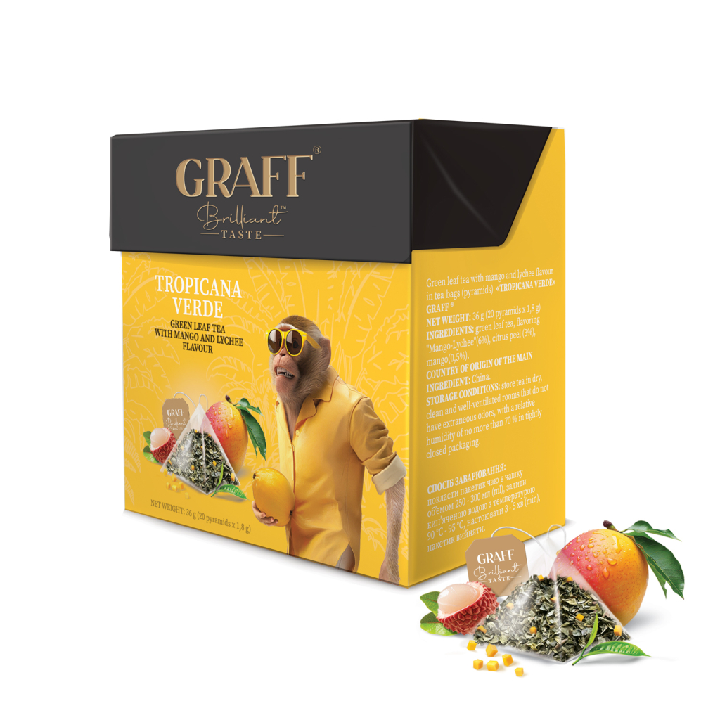 Чай Graff Tropicana Verde Зелений 20 пірамідок по 1.8 г (4820279611112) Чай Graff Tropicana Verde Зелений 20 пірамідок по 1.8 г (4820279611112)