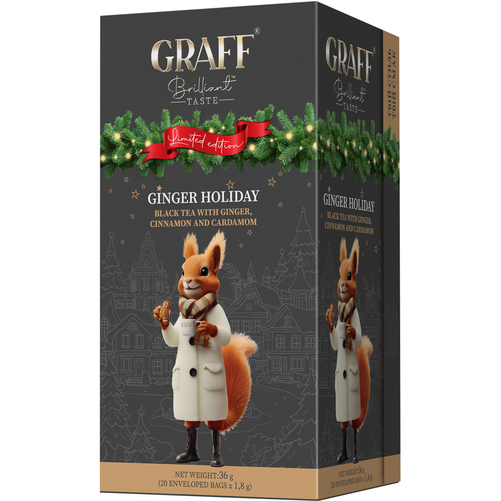 Чай Graff Ginger Holiday Чорний байховий з імбирем, корицею та кардамоном 20 саше по 1.8 г (4820279611433) - фото 1