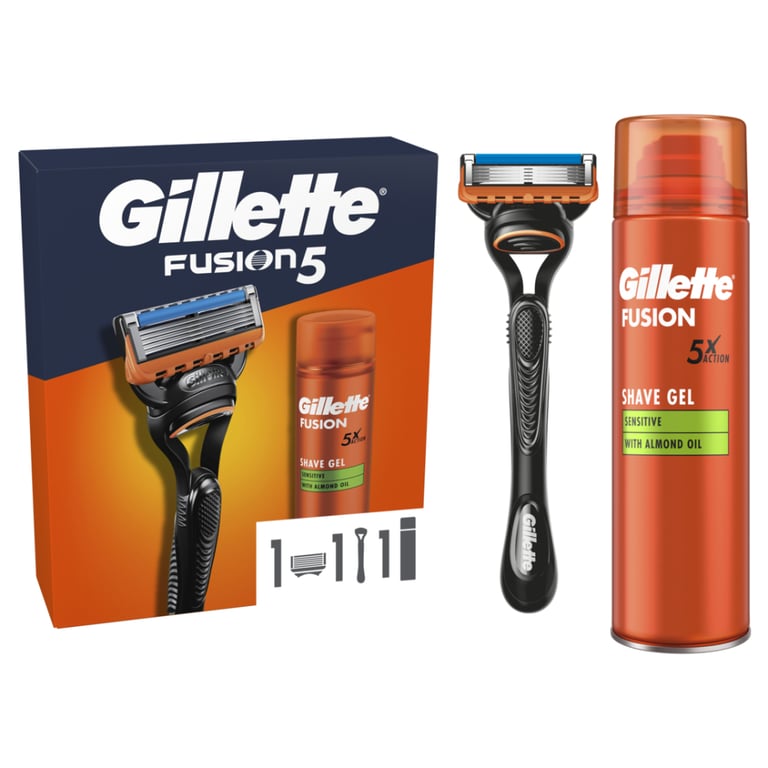 Набір косметики Gillette Fusion5 Станок для гоління чоловічий (бритва) з 1 змінним картриджем + Гель для гоління 200 мл (8700216534048) - фото 1