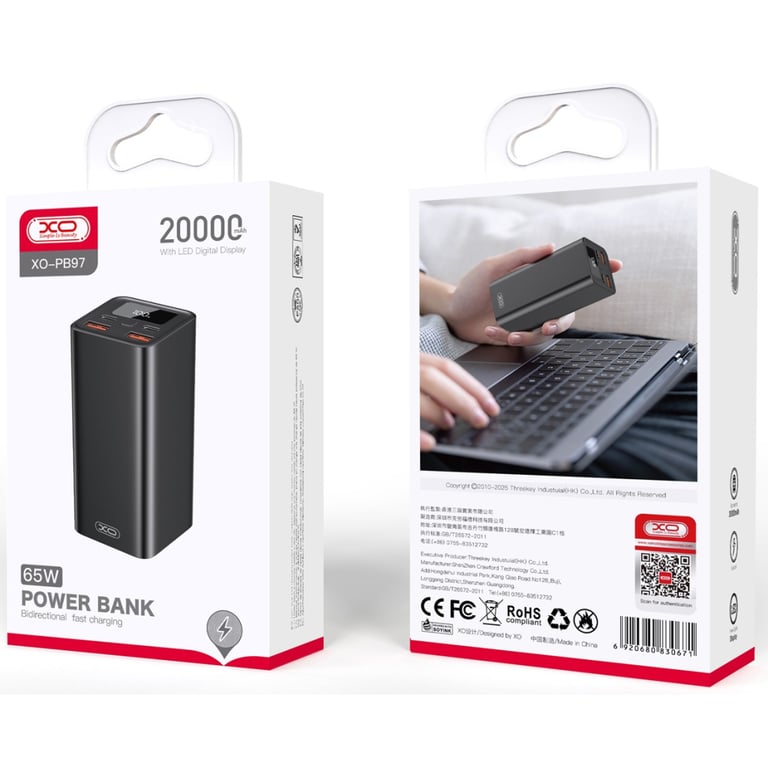 Батарея універсальна XO 20000mAh, PD/65W for laptop, QC/22.5W, black (PB97_Black) - фото 3