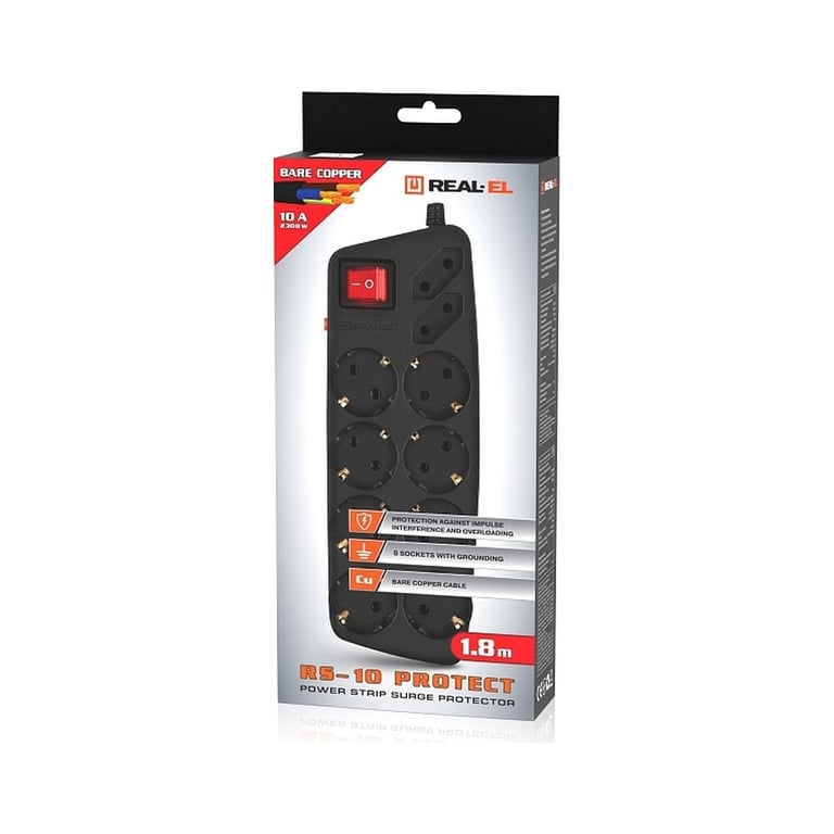 Мережевий фільтр живлення REAL-EL REAL-EL RS-10 Protect, 1.8m, black (EL122300038) - фото 8