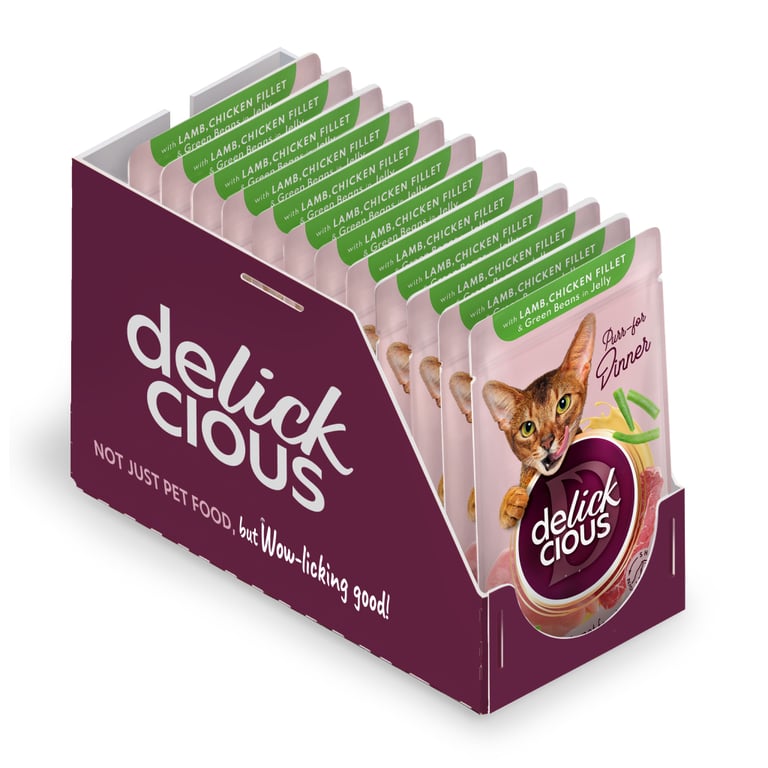 Вологий корм для кішок Delickcious Шматочки з ягнятиною, курячим філе і квасолею спаржевою в желе 85 г (4820269143128) - фото 2