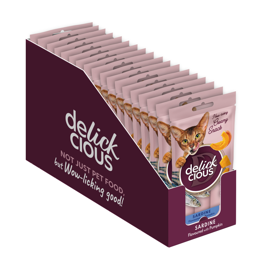 Ласощі для котів Delickcious Сардина з додаванням гарбуза 4 х 15 г (4820269141636) - фото 8 Ласощі для котів Delickcious Сардина з додаванням гарбуза 4 х 15 г (4820269141636) - фото 8