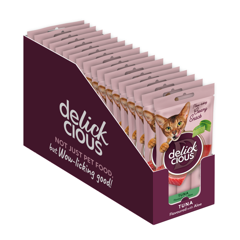 Ласощі для котів Delickcious Тунець з додаванням алое 4 х 15 г (4820269141605) - фото 2 Ласощі для котів Delickcious Тунець з додаванням алое 4 х 15 г (4820269141605) - фото 2