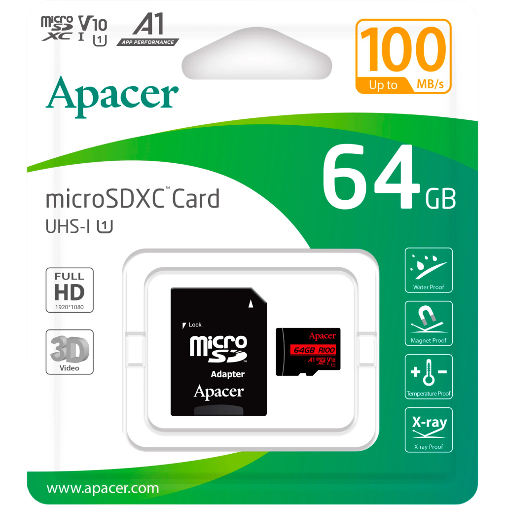 Карта пам'яті Apacer 64GB microSD class 10 UHS-I V10 A1 (AP64GMCSX10UB-R) - фото 2 Карта пам'яті Apacer 64GB microSD class 10 UHS-I V10 A1 (AP64GMCSX10UB-R) - фото 2
