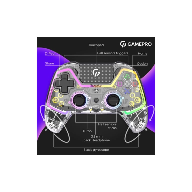 Геймпад GamePro GPS13T BT 5.3/USB/PC/iOS/Android/PS3/PS4 RGB Transparent (GPS13T) - фото 12