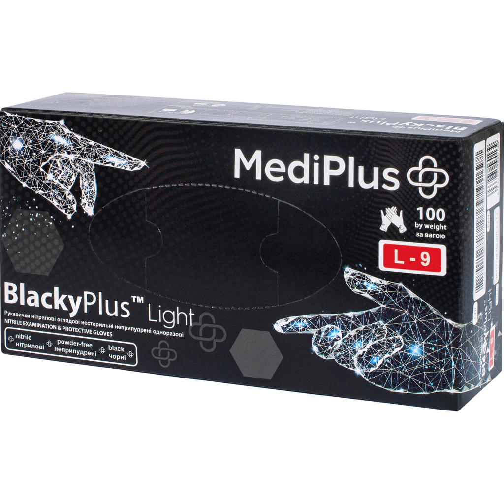 Медичні рукавички MediPlus BlackyPlus Light Нітрилові оглядові нестерильні неприпудрені Чорні Розмір L 100 шт. (6970245754515) Медичні рукавички MediPlus BlackyPlus Light Нітрилові оглядові нестерильні неприпудрені Чорні Розмір L 100 шт. (6970245754515)