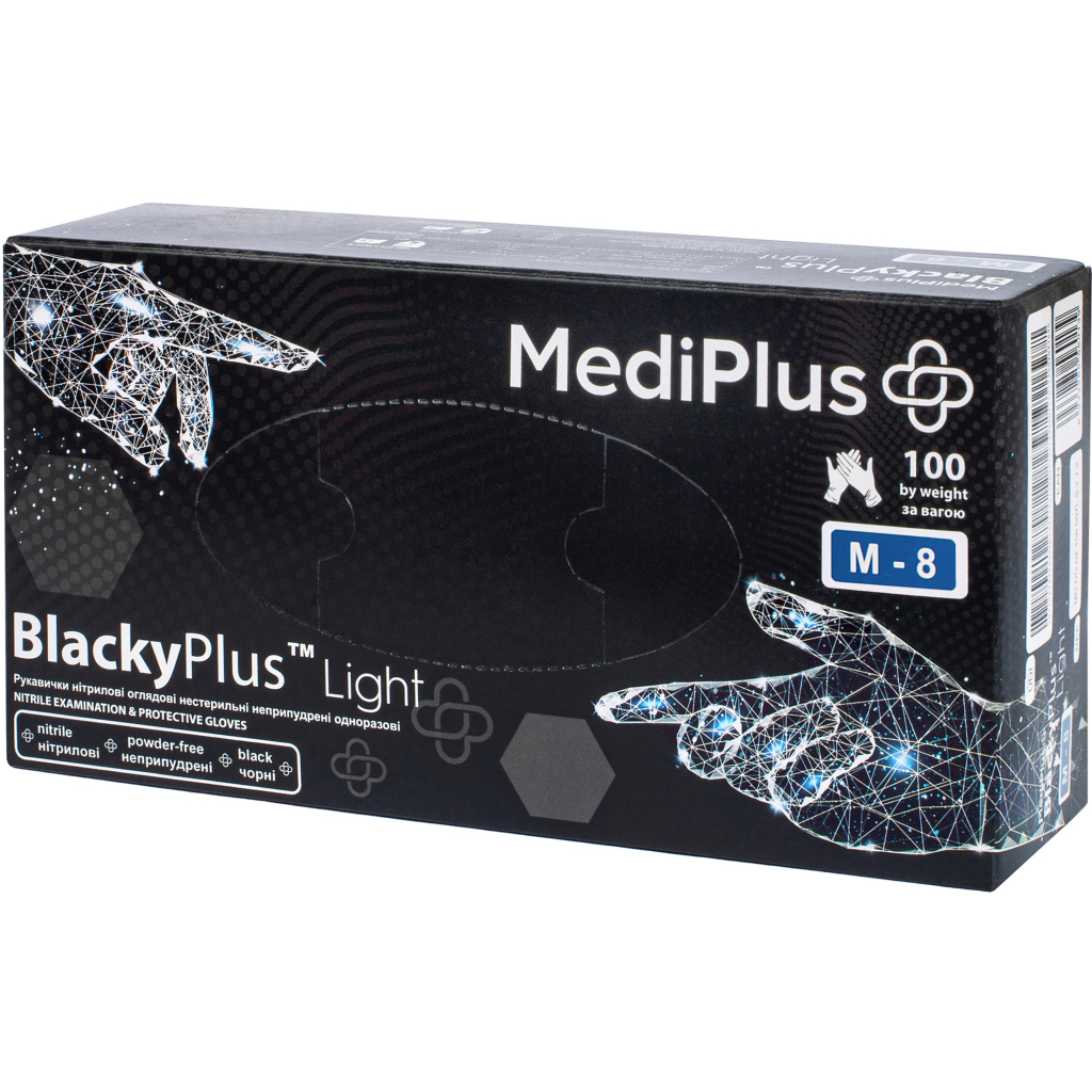Медичні рукавички MediPlus BlackyPlus Light Нітрилові оглядові нестерильні неприпудрені Чорні Розмір M 100 шт. (6970245754508) - фото 1