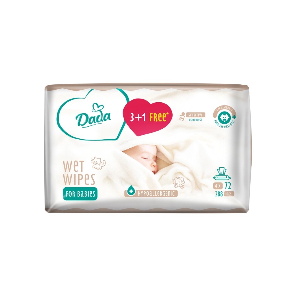 Дитячі вологі серветки Dada Sensitive 3+1 без запаху (4 х 72 шт.) (4820174980849) - фото 1 Дитячі вологі серветки Dada Sensitive 3+1 без запаху (4 х 72 шт.) (4820174980849) - фото 1