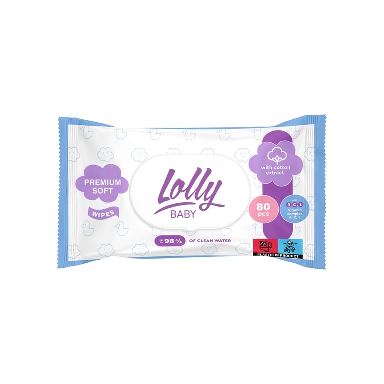 Дитячі вологі серветки Lolly з перших днів життя з клапаном 80 шт (4820174981136)