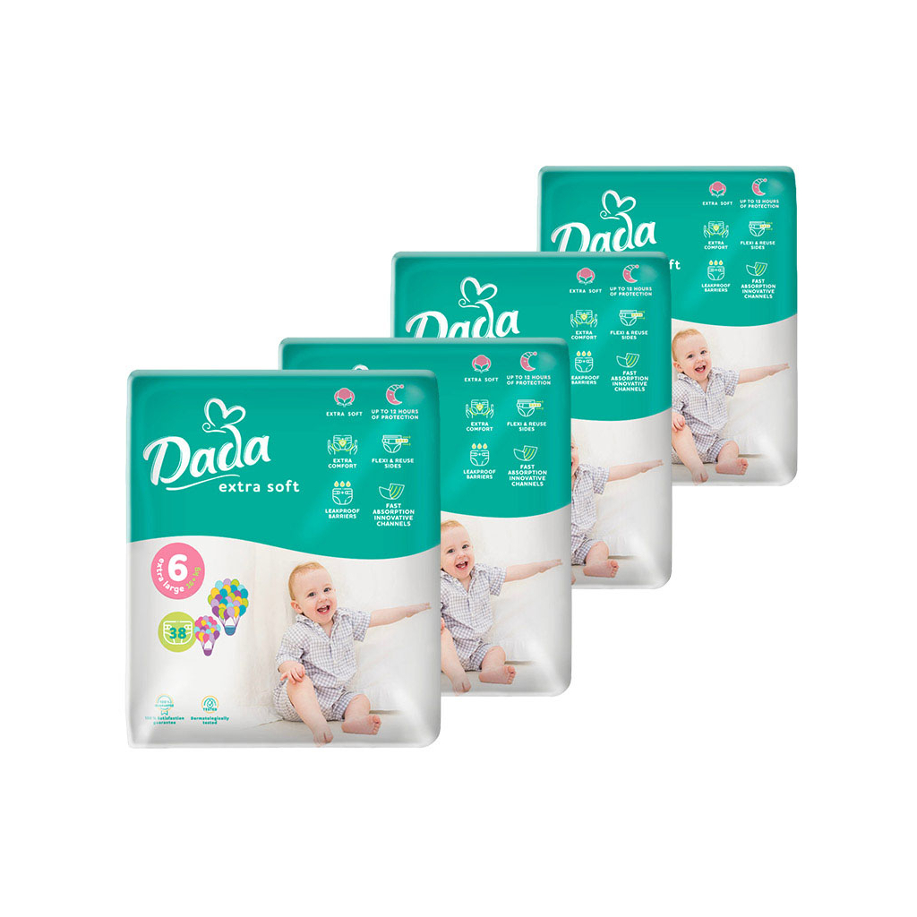 Підгузки Dada Extra Soft Extra Розмір 6 Large (16+ кг) 4 упаковки по 38 шт (152 шт) (4820174989576) - фото 1 Підгузки Dada Extra Soft Extra Розмір 6 Large (16+ кг) 4 упаковки по 38 шт (152 шт) (4820174989576) - фото 1