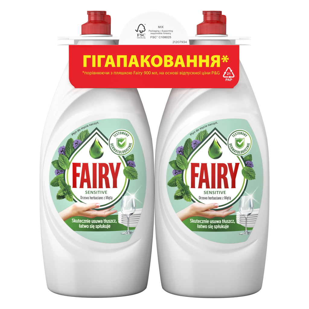 Засіб для ручного миття посуду Fairy Ніжні руки Чайне дерево і М'ята 2 х 900 мл (8700216759649) - фото 1