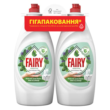 Засіб для ручного миття посуду Fairy Sensitive Чайне дерево і М'ята 2 х 900 мл (8700216759649/8006530210850) - фото 1