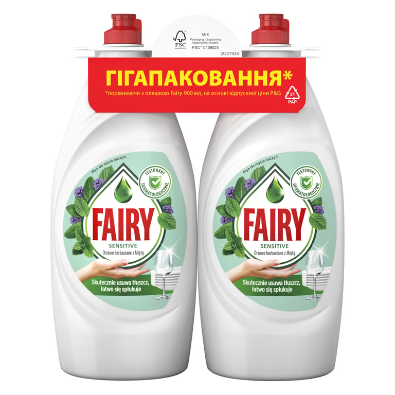 Засіб для ручного миття посуду Fairy Sensitive Чайне дерево і М'ята 2 х 900 мл (8700216759649/8006530210850) - фото 1
