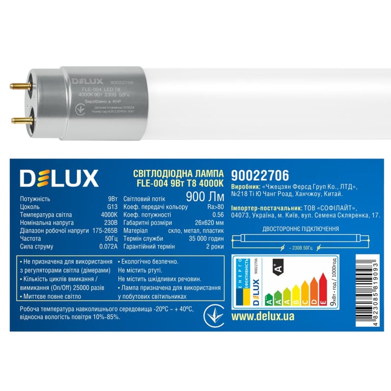 Лампочка Delux FLE-004 9 Вт 0,6м T8 4000K 230В G13 скло (90022706) - фото 3