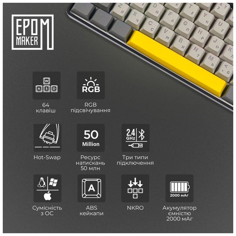 Клавіатура Epomaker EP64 60 Mulan Switch Hot-Swap RGB Wireless/Bluetooth/USB UA Black (EP64-B-M) - фото 11