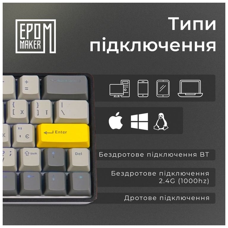Клавіатура Epomaker EP64 60 Mulan Switch Hot-Swap RGB Wireless/Bluetooth/USB UA Black (EP64-B-M) - фото 9