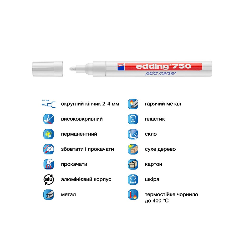 Маркер Edding Paint 2-4 мм круглий білий (e-750/49) - фото 4 Маркер Edding Paint 2-4 мм круглий білий (e-750/49) - фото 4