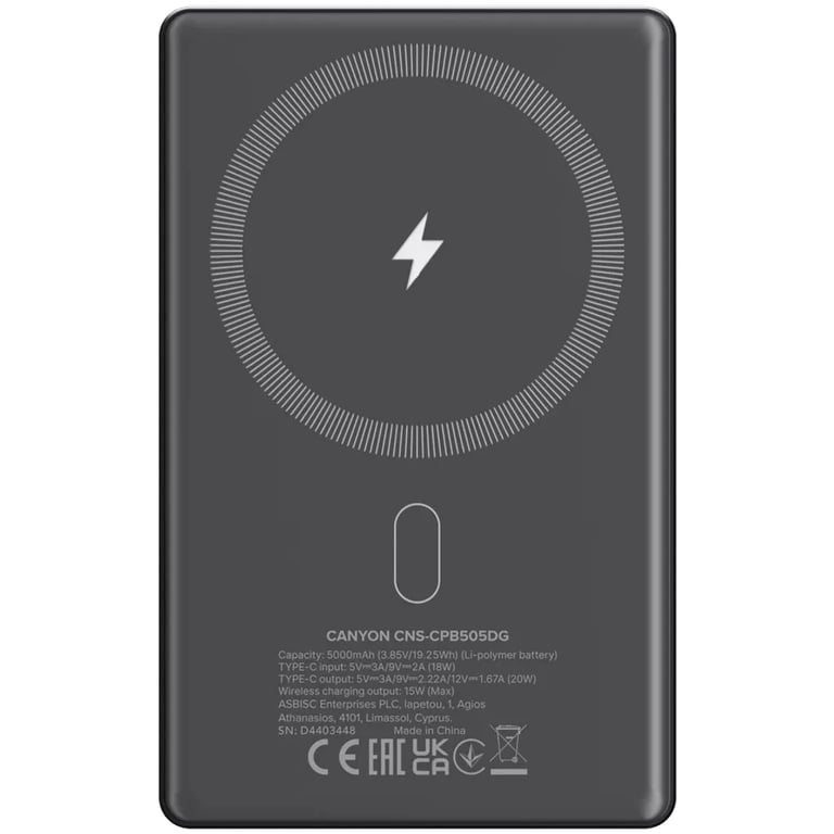 Батарея універсальна Canyon 5000mAh OnPower 505 slim Magsafe PD/20W Dark Grey (CNS-CPB505DG) - фото 3