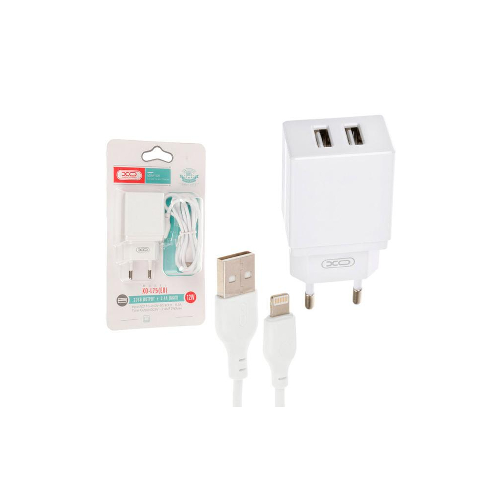 Зарядний пристрій XO L75 2USB/2.4A + Lightning White (XO-L75-L) - фото 2 Зарядний пристрій XO L75 2USB/2.4A + Lightning White (XO-L75-L) - фото 2