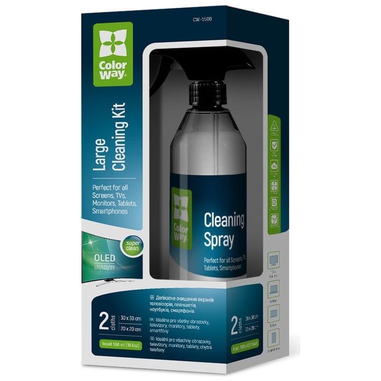Спрей для очищення ColorWay Cleaning Kit, Large, OLED/LED/LCD/TFT, 550ml, microfibre*2 (CW-5500) - фото 1