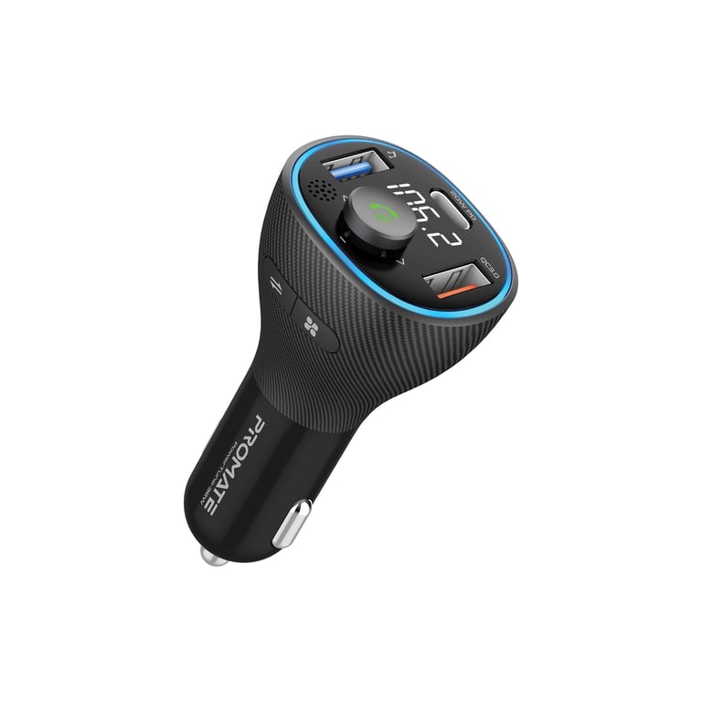 FM модулятор Promate PowerTune 38w USB-A OTG/USB-A QC3.0/USB-C PD Black (powertune-38w.black) - фото 1