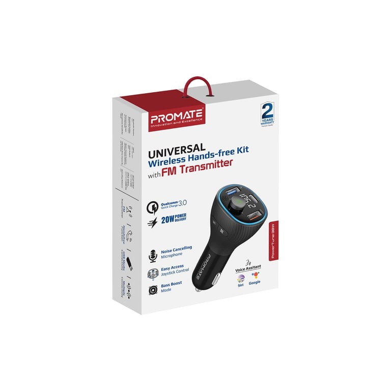 FM модулятор Promate PowerTune 38w USB-A OTG/USB-A QC3.0/USB-C PD Black (powertune-38w.black) - фото 2