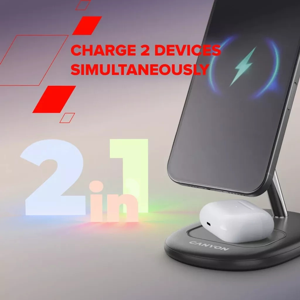 Зарядний пристрій Canyon wireless charger WCS-205 15W Qi2 2in1 Black (CNS-WCS205B) - фото 4 Зарядний пристрій Canyon wireless charger WCS-205 15W Qi2 2in1 Black (CNS-WCS205B) - фото 4