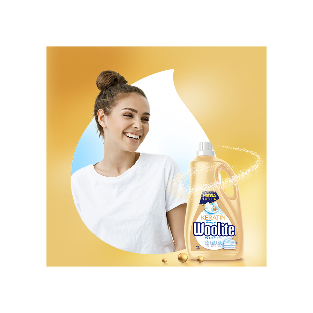 Гель для прання Woolite Для світлих та білих тканин З кератином 3.6 л (5900627090550) - фото 2 Гель для прання Woolite Для світлих та білих тканин З кератином 3.6 л (5900627090550) - фото 2