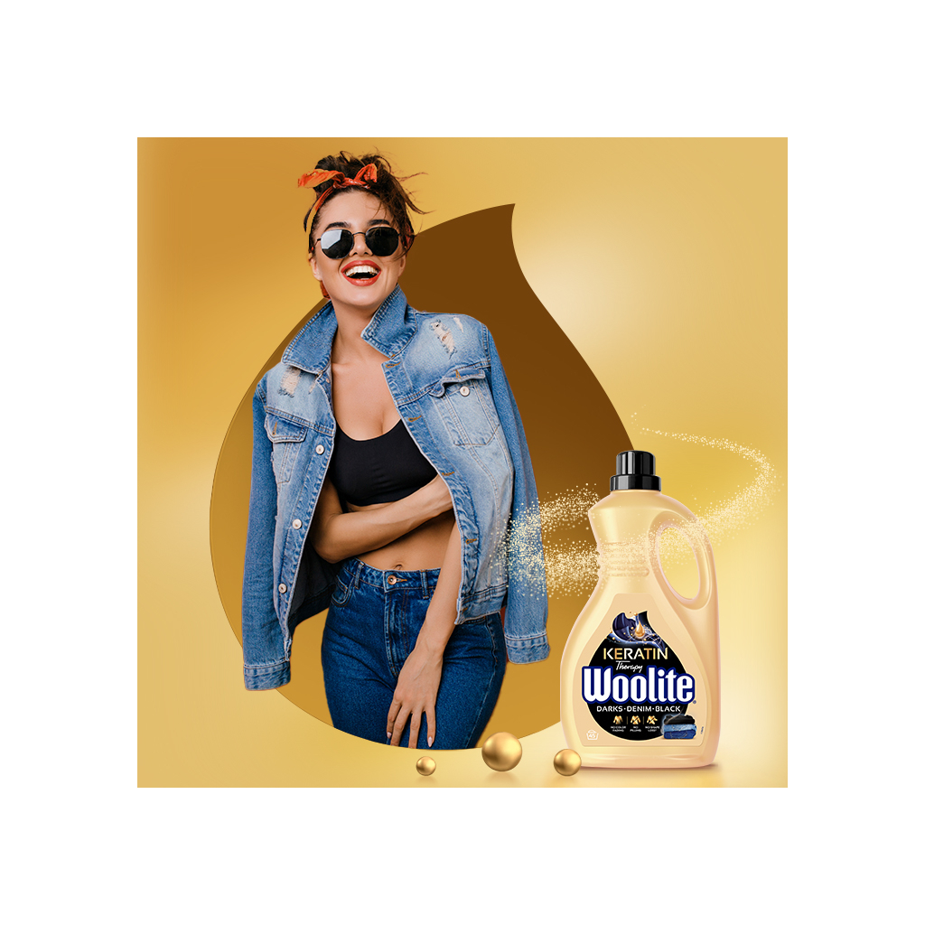 Гель для прання Woolite Для чорних, темних та джинсових тканин З кератином 2.7 л (5900627090482) - фото 2 Гель для прання Woolite Для чорних, темних та джинсових тканин З кератином 2.7 л (5900627090482) - фото 2