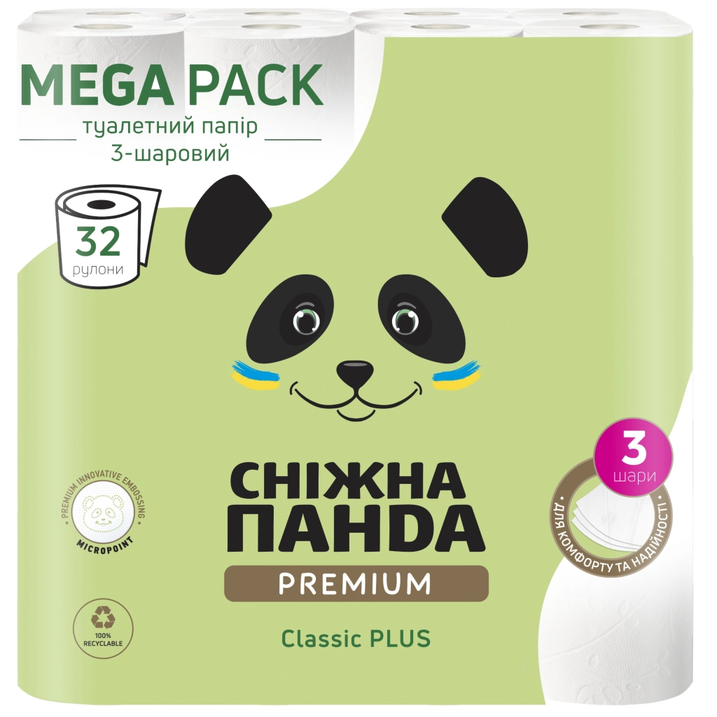 Туалетний папір Сніжна Панда Premium Classic Plus 3 шари 32 рулони (4820183972866) - фото 1