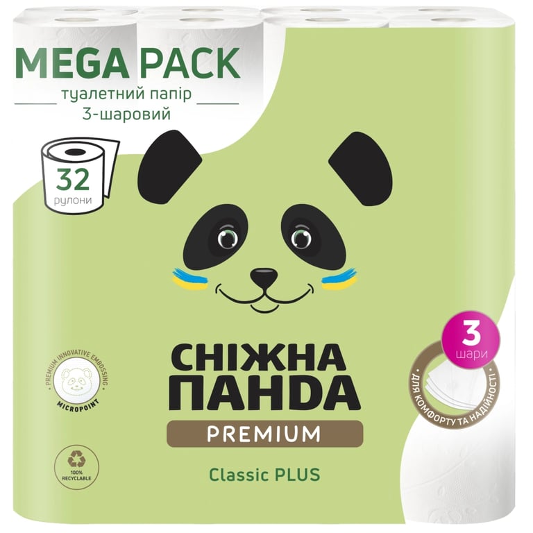 Туалетний папір Сніжна Панда Premium Classic Plus 3 шари 32 рулони (4820183972866)