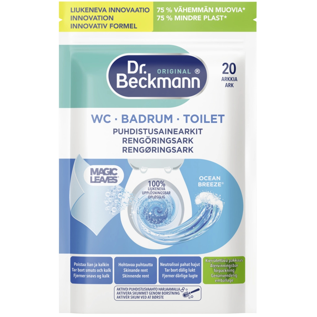 Засіб для чищення унітазу Dr. Beckmann Magic Leaves Розчинні серветки Океанський бриз 20 шт. (4008455615813) - фото 1 Засіб для чищення унітазу Dr. Beckmann Magic Leaves Розчинні серветки Океанський бриз 20 шт. (4008455615813) - фото 1