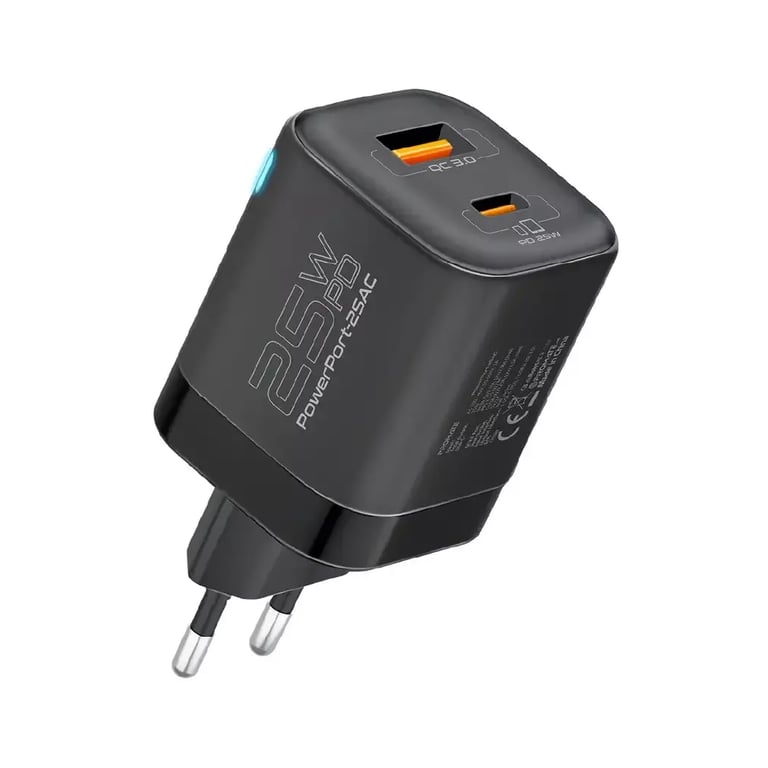 Зарядний пристрій Promate USB-C + USB-A (powerport-25ac.black) - фото 1