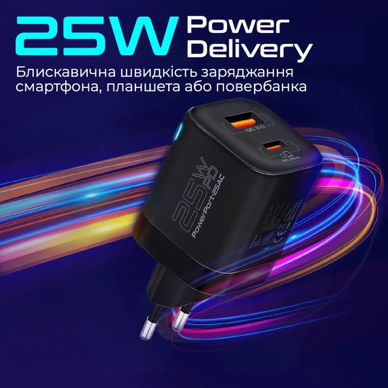 Зарядний пристрій Promate USB-C + USB-A (powerport-25ac.black) - фото 4