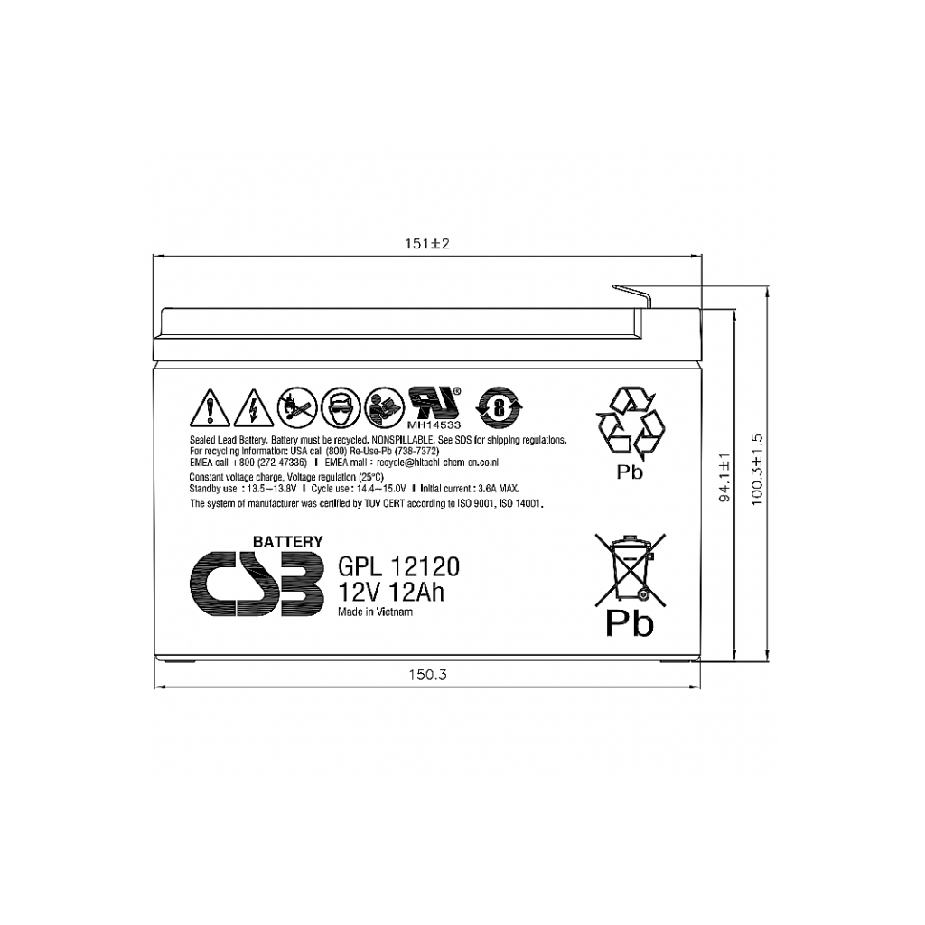 Батарея до ДБЖ CSB 12В 12 Аг (GPL12120 F2) - фото 2 Батарея до ДБЖ CSB 12В 12 Аг (GPL12120 F2) - фото 2
