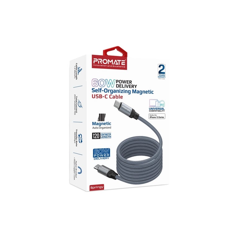 Дата кабель USB-C to USB-C 1.2m Promate (springy.grey) - фото 2