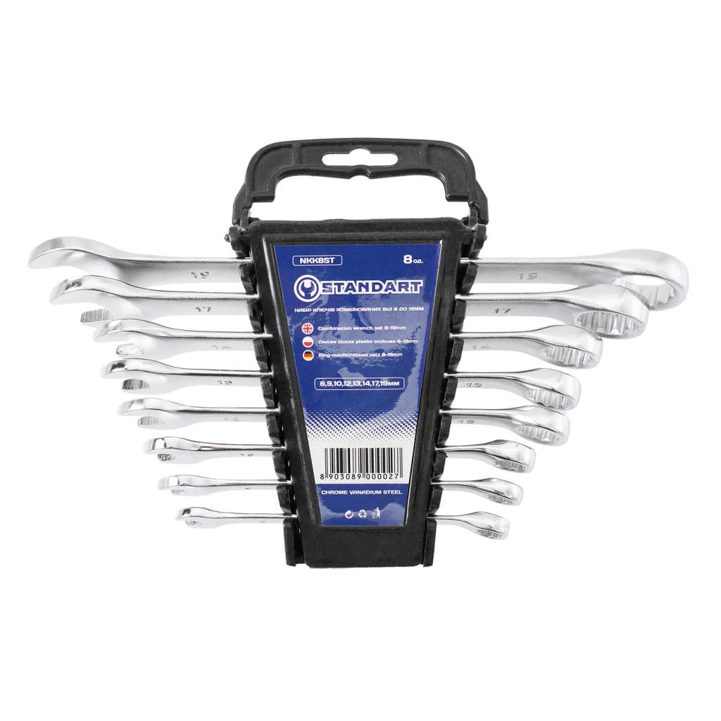 Ключ Стандарт ріжково-накидний 8 шт. 8-19 мм на холдері (NKK8ST) Ключ Стандарт ріжково-накидний 8 шт. 8-19 мм на холдері (NKK8ST)
