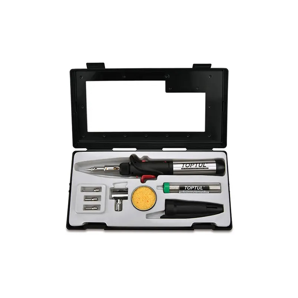 Газовий паяльник Toptul 150W з комплектом насадок 8шт. (EGAE0801) Газовий паяльник Toptul 150W з комплектом насадок 8шт. (EGAE0801)