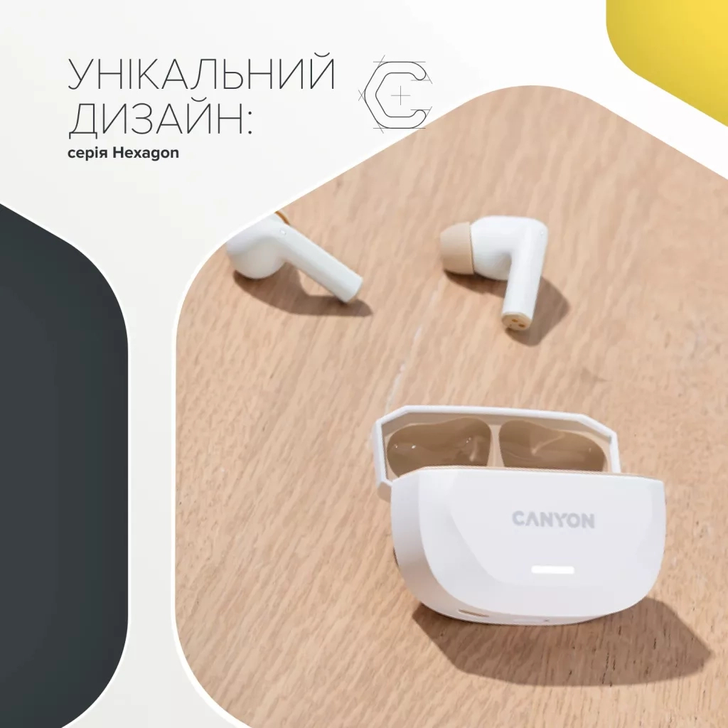 Навушники Canyon Hexagon 7 TWS ANC+ENC Wireless Charge White/Beige (CNS-TWS7WB) - фото 4 Навушники Canyon Hexagon 7 TWS ANC+ENC Wireless Charge White/Beige (CNS-TWS7WB) - фото 4