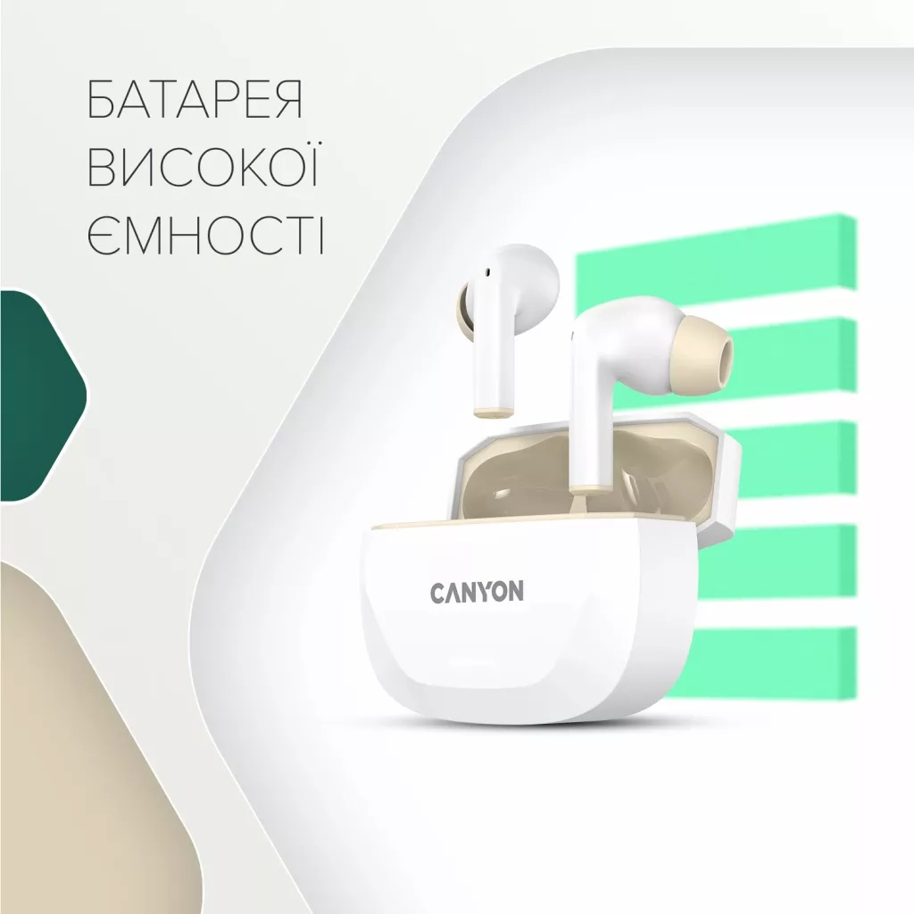 Навушники Canyon Hexagon 7 TWS ANC+ENC Wireless Charge White/Beige (CNS-TWS7WB) - фото 7 Навушники Canyon Hexagon 7 TWS ANC+ENC Wireless Charge White/Beige (CNS-TWS7WB) - фото 7