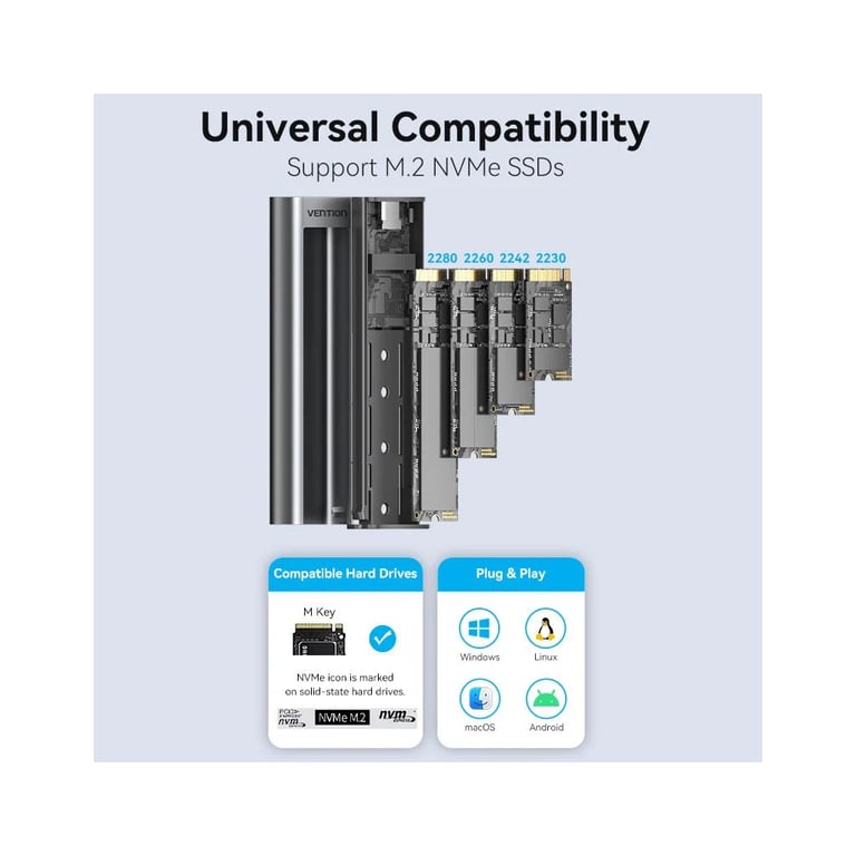 Кишеня зовнішня Vention SSD M.2 (NVME) M-key USB Type-C 3.2 10Gbps Heat Sink Aluminum (KPKH0) - фото 7