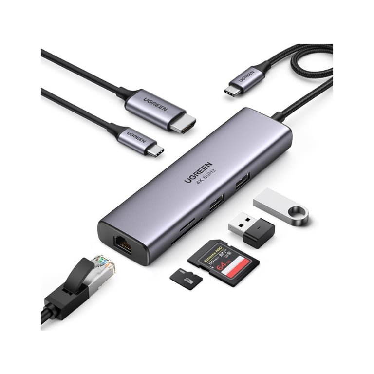 Концентратор Ugreen USB3.1 Type-C to HDMI/USB 3.0x2/RJ45/SD/TF/PD 100W CM512 (60515) - фото 2
