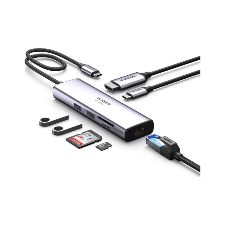 Концентратор Ugreen USB3.1 Type-C to HDMI/USB 3.0x2/RJ45/SD/TF/PD 100W CM512 (60515) - фото 3