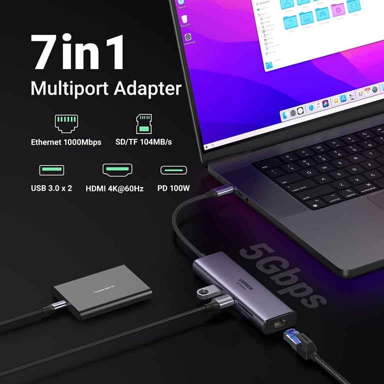 Концентратор Ugreen USB3.1 Type-C to HDMI/USB 3.0x2/RJ45/SD/TF/PD 100W CM512 (60515) - фото 5