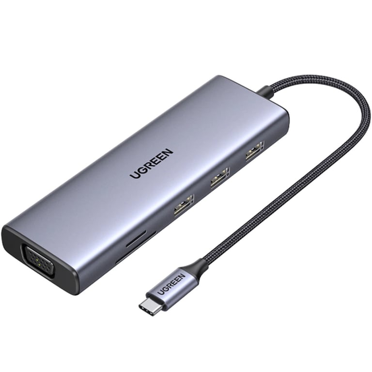 Концентратор UGREEN USB3.1 Type-C to HDMI/VGA/USB 3.0х3/RJ45/SD/TF/PD/35мм TRRS 100W 10-in-1 (15601) - фото 1