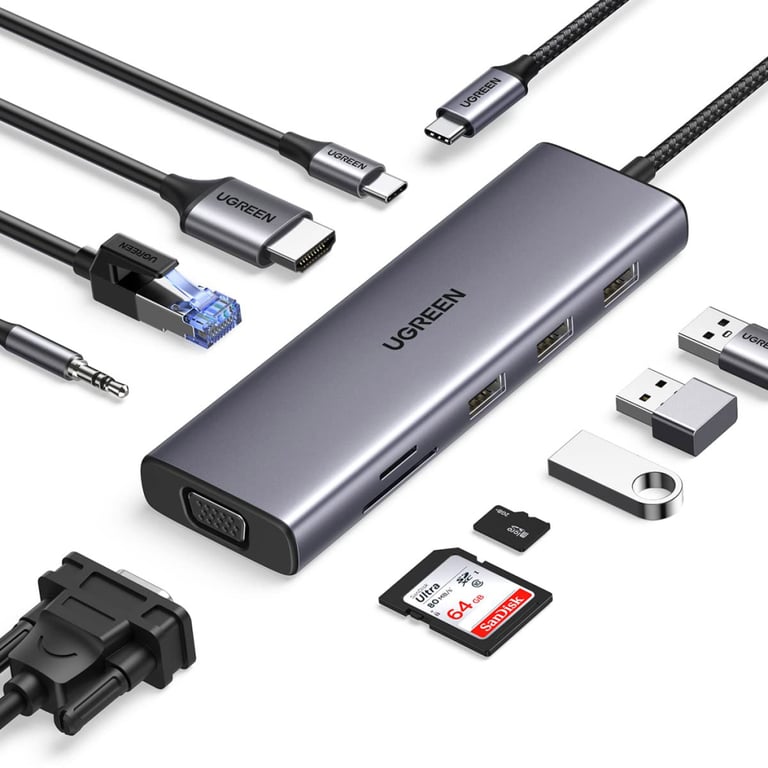 Концентратор UGREEN USB3.1 Type-C to HDMI/VGA/USB 3.0х3/RJ45/SD/TF/PD/35мм TRRS 100W 10-in-1 (15601) - фото 2
