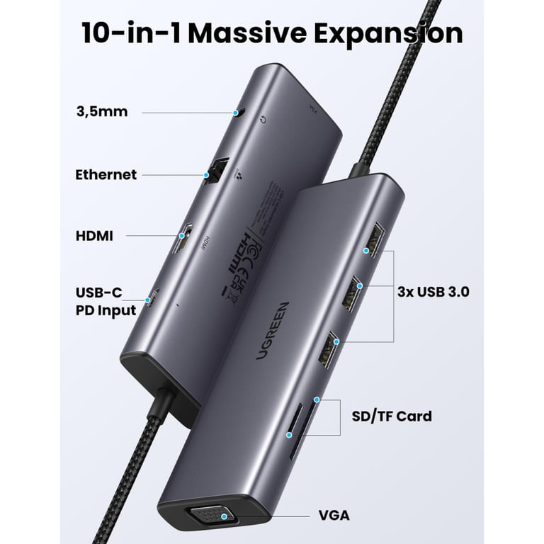Концентратор UGREEN USB3.1 Type-C to HDMI/VGA/USB 3.0х3/RJ45/SD/TF/PD/35мм TRRS 100W 10-in-1 (15601) - фото 3