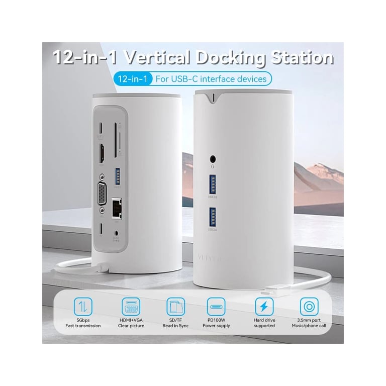 Концентратор Vention USB3.1 Type-C to HDMI/VGA/USB3.0x3/RJ45/SD/TF/TRRS 3.5m/PD/DC100W12-in-1 (TPHWC-EU) - фото 2