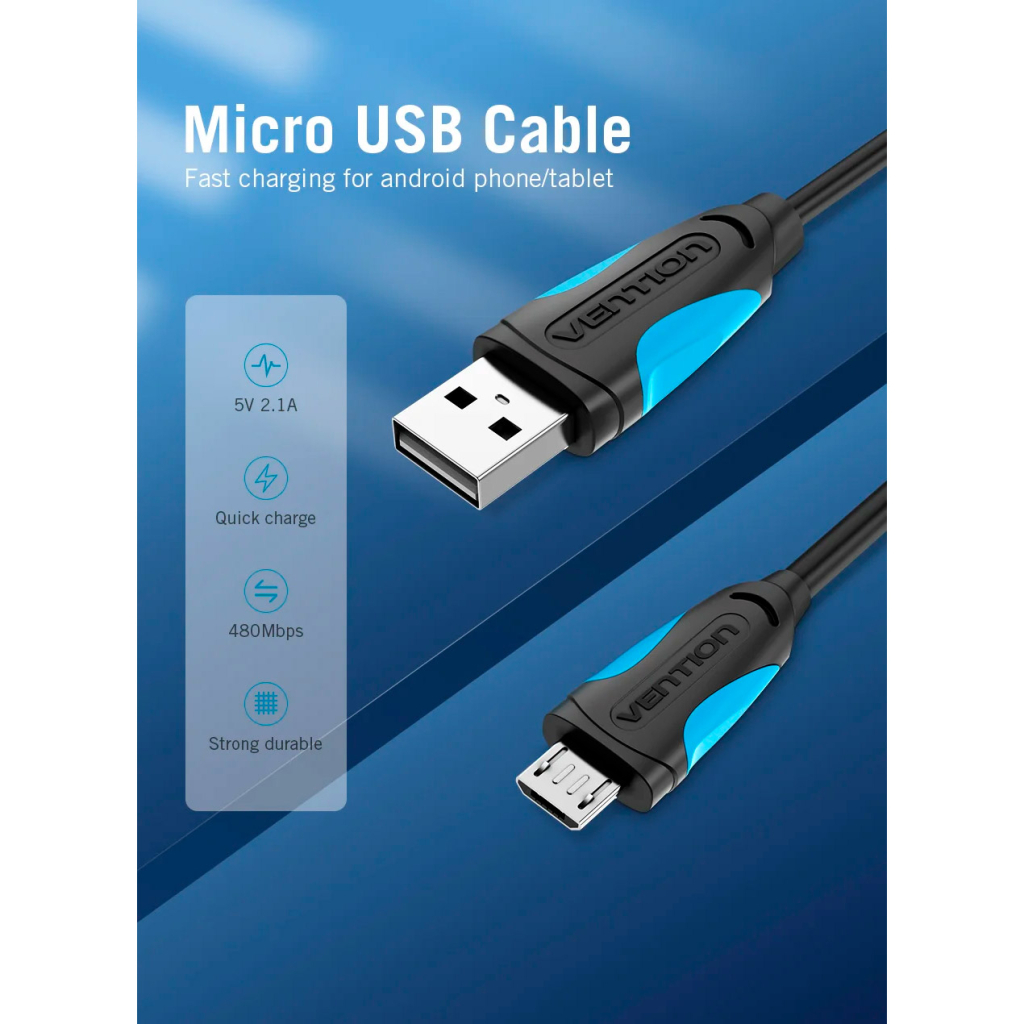 Дата кабель USB 2.0 AM to Micro 5P 0.5m Black Vention (VAS-A08-B050) - фото 2 Дата кабель USB 2.0 AM to Micro 5P 0.5m Black Vention (VAS-A08-B050) - фото 2